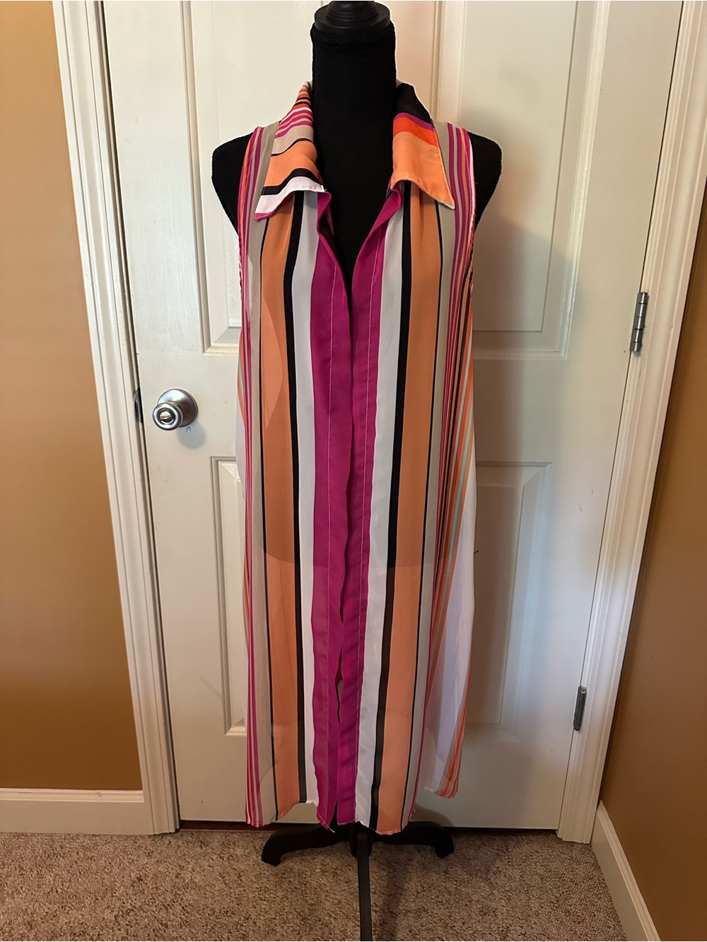 Sleeveless Striped Button-Front Maxi Dress in Pink and Peach
